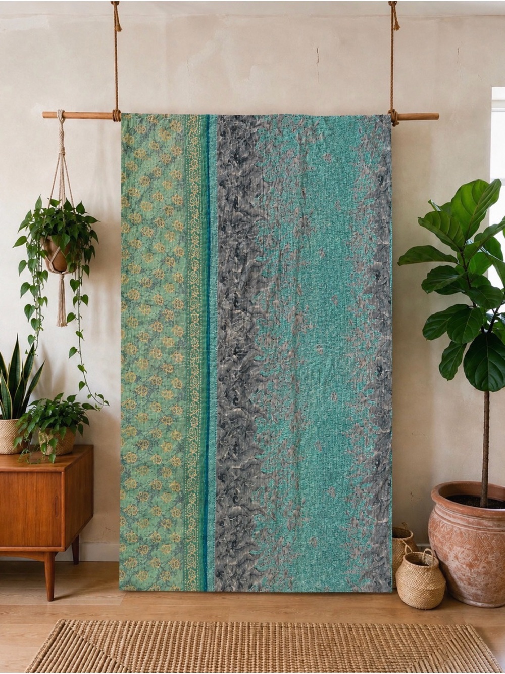Handmade Reversible Indian Vintage Twin Kantha Quilt